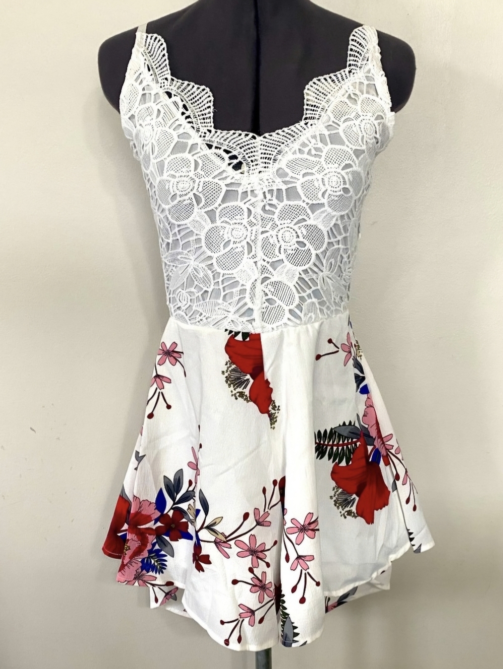 Shein White lace bodice with scalloped neckline. Flowy white skirt with Colors